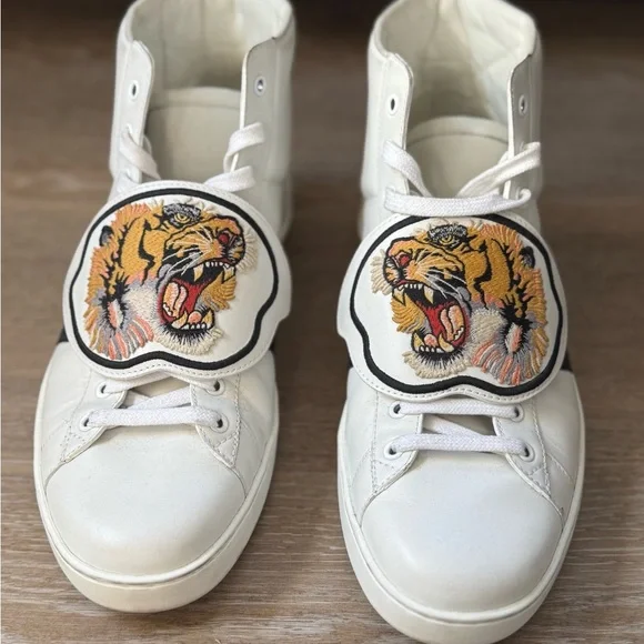Men’s Gucci White High-Top Sneakers with Tiger Patch
